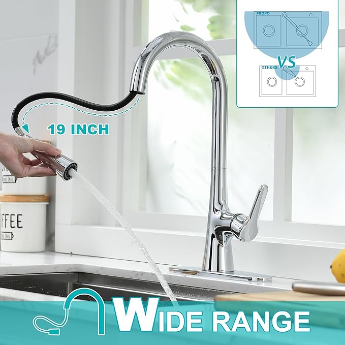 Kitchen Faucet with Pull Down Sprayer, Polished Chrome Kitchen Sink Faucet 1 or 3 Hole