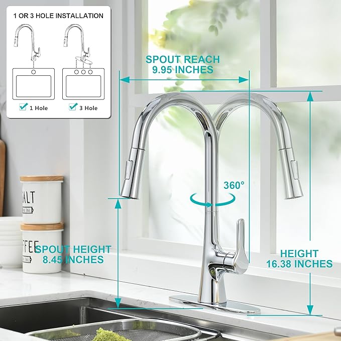 Kitchen Faucet with Pull Down Sprayer, Polished Chrome Kitchen Sink Faucet 1 or 3 Hole