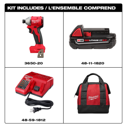 Milwaukee Tool M18 18V Li-Ion Compact Brushless Cordless 1/4in. Impact Driver Kit w/ (1) 2.0 Ah Battery and Charger
