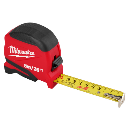 Milwaukee Tool 8 m/26 ft. Compact Tape Measure with 12 ft