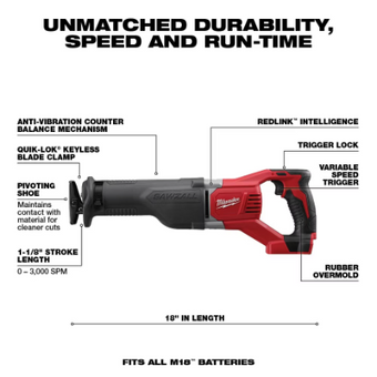 compare product Milwaukee Tool M18 18V Lithium-Ion Cordless SAWZALL Reciprocating Saw (Tool-Only)