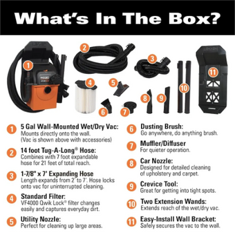 compare product RIDGID Stor-N-Go 19L (5 Gal.) 5.0 Peak HP Portable Wet/Dry Shop Vacuum with Filter, Hose and Accessories