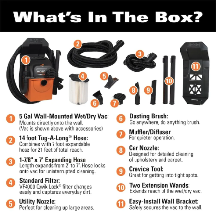 RIDGID Stor-N-Go 19L (5 Gal.) 5.0 Peak HP Portable Wet/Dry Shop Vacuum with Filter, Hose and Accessories