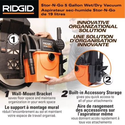RIDGID Stor-N-Go 19L (5 Gal.) 5.0 Peak HP Portable Wet/Dry Shop Vacuum with Filter, Hose and Accessories