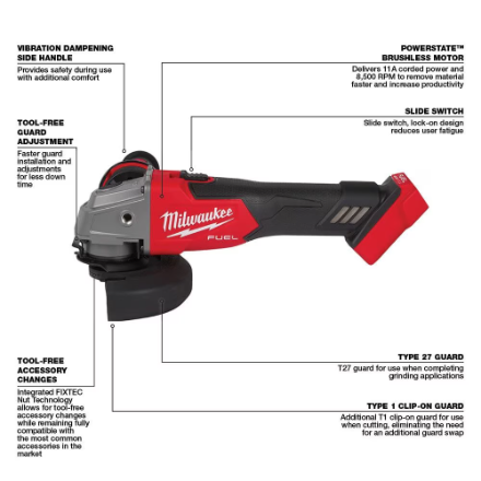 Milwaukee  Grinde M18 FUEL 18V Lithium-Ion Brushless Cordless 4-1/2 -inch/5 -inch Grinder w/ Slide Switch (Tool-Only)